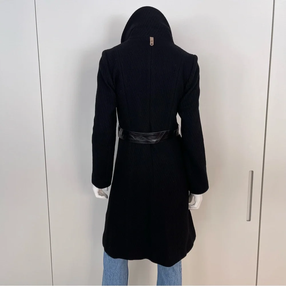 MACKAGE Funnel Neck Asymmetrical Zip Belted Wool Coat in Black - Picture 9 of 12